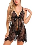 Avidlove Babydoll Dessous für Frauen Flitterwochen V Ausschnitt Chemise Sexy Exotisch Open Front Negligee, schwarz, Small