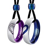 Whoiy Pärchen Kette, Partnerkette Edelstahl Halskette Herz Kette mit Anhänger Blau Lila 6mm Zirkonia Ring mit Gravur I Love You