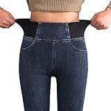 Onsoyours Damen Leggings Jeans-Look High Waist Jeggings Stretch Jeans Hose Blickdicht Einfarbig Yogahose Kompressions Fitnesshose für Gym Laufen Fitness A Dunkelblau L