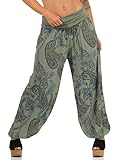 Malito Damen Aladinhose mit Print | Haremshose zum Tanzen | Pumphose zum Chillen - Freizeithose - Pluderhose 7185 (Oliv)