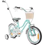 sun baby Mädchenfahrrad 14 Zoll Radgröße Heart Bike zur Auswahl, mit Abnehmbarer Schubstange, Kinderfahrrad für Mädchen von 2 bis 6 Jahre (Mintgrün/Schwarz, 14 Zoll)