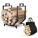 Bomclap Metall Kaminholzregal mit Abnehmbarem Kaminholztasche, Brennholzregal für innen/außen, Kaminholzständer Kaminholzkorb für Lagerfeuer, Camping, 43x33x53cm