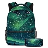 Upgrade Their Backpack Game, 2-teiliges Kinder-Schulranzen-Set mit Rucksack und Federmäppchen, große Kapazität, Reisebuchtasche für Jungen, Mädchen und Teenager, grüner Sternenhimmel, mehrfarbig,