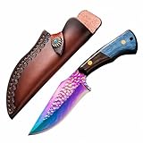 TIMKOSS Messer Survival Jagdmesser Camping Gürtelmesser mit Lederscheide für Outdoor Wandern und Angeln, Full Tang Überlebensmesser Holzgriff, Taschenmesser mit Holster