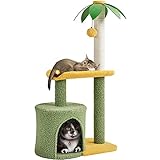 Yaheetech Kokospalme Katzenbaum, 94 cm Moderner Kleiner Kratzbaum Kletterbaum für Kätzchen, mit Katzenhöhle Plattform Sisalstämme, Grün-Gelb