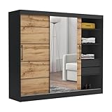 Brent - Kleiderschrank mit Spiegel und Schubladen 235cm Breit Chelsea Tomy, Schwebetürenschrank mit Spiegel, Schlafzimmerschrank, Kleiderschrank Schwarz/Wotan Eiche