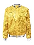 inhzoy Unisex Kinder Glänzende Pailletten Jacke Langarm Glitzer Bomberjacke Mit Reißverschluss Sport Freizeitjacke Streetdance Hip Hop Jacke Gold_A 110-116