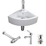 CROSS ZEBRA Wandmontiertes Eckwaschbecken mit Ablaufgarnitur, handgefertigtes Keramikwaschbecken, glänzend weiß, schlichtes Design, und zu reinigen, für Badezimmer, Garderobe