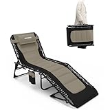 WKFAMOUT Sonnenliege Klappbar Gartenliege 5 Verstellbarer Rückenlehne Outdoor Faltbar Dreibeinliege Strandliege Campingbett bis 120KG mit Kissen Seitentasche 190x59CM Khaki