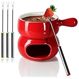 com-four® Schokoladen-Fondue-Set - Keramikschale mit Teelichthalter und 4 Gabeln - Schmelztopf für Schokolade und Käse - Schmelztiegel - Dessert-Dipschale für 4 Personen - Schmelzgefäß (rot/weiß)