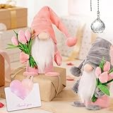 KBIBCK Tulip Gonks gesichtslose Zwergpuppe, 2 Stück, Frühlings-Gonks, gesichtslose Zwergpuppe mit Tulpenstrauß, Anhänger und Herzkarte, Elfenfigur, Tischplatten, Zwerge, Ornament für Mutter, Tochter