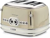 Ariete Vintage 156, 4-Scheiben-Toaster, Retro Toaster mit 6 Toaststufen, Automatischer Auswurf, Auftaufunktion, Herausnehmbares Krümelfach, Gehäuse aus Edelstahl, 1600W, Beige