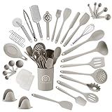 Küchenhelfer Set, 43 teiliges Küchenutensilien Set. Kochlöffel Set Silikon, Hochtemperaturbeständig und antihaftbeschichtet. Küchenutensilien beige mit Vorratsbehälter S Haken, spülmaschinenfest