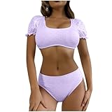 AMhomely 2-teiliger Badeanzug für Damen, kurzärmelig, bauchfreies Top, Slip, quadratischer Ausschnitt, einfarbig, hohe Taille, Strandanzüge, bescheidene Badeanzüge, geteilte Badeanzüge, 01 lila, M