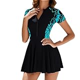 Odizli Badekleid Damen Große Größe Muslim Kurzarm Reißverschluss Bauchweg Push Up Badeanzug mit Cups Bein Rock Sommer Schwimmanzug Bademode Strandmode Schwimmrock Schwimmkleid Schwarz Blau L