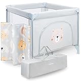 Moby-System Laufstall Baby mit Matratze & Feststellrädern - Faltbares Laufgitter 97 x 100 x 77 cm - Stabiler Rahmen, Anti-Rutsch-Pads, Teddy Bear Design (3 Teile)
