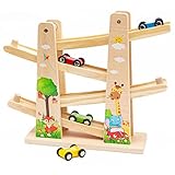 Kugelbahn Autos Holz Car Rampe Auto Rennbahn Holz Spielzeug mit 4 Autos Holz Zick-Zack-Autorutsche Kinderspielzeug Junge Mädchen Geschenke ab 3 Jahre