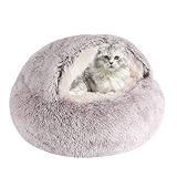 Rundes Katzenbett und Hundebett mit Kapuze, Höhle, Plüsch, gemütliches Hundebett, Kunstfell-Kuschelbett, rund, selbstwärmend, Donut-Hundebett (Kaffee, 40,6 x 40,6 cm)