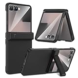 HWeggo für Samsung Galaxy Z Flip 7 Hülle, Scharnierschutz & Versteckbare Klappstütze & Integrierter Displayschutz, Wireless Charging Kompatibel Handyhülle Flip 7 Stoßfest Case, Schwarz