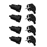 GOEDCH 8 Stück Stecker und Kupplun: 4 Schuko Stecker 250V (10A/16A) und 4 Kupplung mit Knickschutz, Flammschutzmittel Schuko Stecker Kupplung Set für Den Lnnen, Außenbreich Geeign, Schwarz