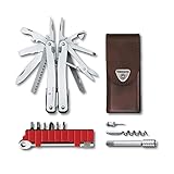 VICTORINOX Multifunktionswerkzeug Swiss Tool Spirit X Plus Ratchet, 36 Funktionen, Swiss Made, Multitool mit Feststellklinge, inkl. Leder-Etui, Silber