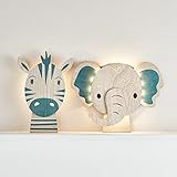 Lights4fun 2er Set LED Wandleuchten Elefant Zebra Fernbedienung Timer Batterie Kinderzimmerdeko