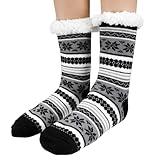 WUISOLQP Herren Kuschelsocken Haussocken Winter Warme Stoppersocken Hausschuhe Herren Thermosocken Flauschige Weihnachtssocken Dicke Socken Vollplüsch Hüttensocken für Manner (Schwarz & Grau)