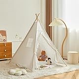 Herfair Tipi Zelt für Kinder Spielzelt mit Filzkugel Indoor Spielhaus Mehrere Farben Segeltuch Tipizelt Lesezelt&Spielzimmer Babyzimmer Deko für Kleinkinder 3-6 Jahre (Weiß,1.1 m)