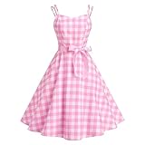 Rockabilly Kleider Damen Vintage 1950er Jahre Outfit Rosa Plaid Partykleid Festliches Festkleid Cocktailkleid Brautkleid Ballkleider Abendkleider Elegant f?r Hochzeit 60er Petticoat Kleid Rosa M