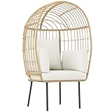 Outsunny Rattansessel Ei-Förmig mit abnehmbarem Kissen, Polster, übergroße Outdoor Sessel aus Rattan, Wetterfest Korbsessel Gartensessel Gartenstühle für Garten Balkon, Veranda, Terrasse Beige