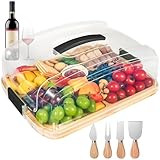 Käsebrett mit Deckel für Partys Reisen, Servierplatte mit Fächern Griff für Snacks Fleisch Dessert, Käsebrett aus Bambus mit Messer Set, Charcuterie Board Platte Käseplatte