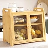 AMBIRD Bambus Brotkasten 20L - Große Kapazität mit klaren Acryl-Türen - Doppelschichtige Brot-Lagerung mit Luftlüften und seitlichen Griffen - Hält Brot frisch und die Küchentheke Unübersichtlich