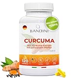Bandini® Curcuma 700 mg Kurkuma pro Kapsel aus 95% Kurkuma-Extrakt — Curcumingehalt EINER Kapsel entspricht 10.000 mg – mit Piperin | 120 Kapseln, 1 Kapsel/Tag für 4 Monate