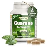 Guarana Kapseln, hochdosiert, 500mg - 120 Kapseln, vegan. Natürlicher Wachmacher mit Koffein - magenfreundlich. OHNE künstliche Zusätze - laborgeprüft. Von Greenfood.