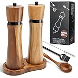 Yiomxhi Salz und Pfeffermühle Set, Holz Gewürzmühle mit Untersetzer, Löffel, 2 Reinigungsbürsten, Manuelle Pfeffer Salzmühle mit Einstellbare Keramikmahlwerk Mühlenset für Gewürze