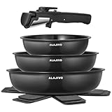 Pfannenset mit Abnehmbarer Griff, Pfanne Induktion, Bratpfanne mit Antihaft beschichtung, 7-Teiliges, 20+24+28 cm Platzsparend Keramik Pfannen, Pfannen Set für alle Herdarten, Spülmaschinen, Ofenfest