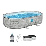 Bestway Power Steel Swim Vista Series Frame Pool Komplett-Set mit Sandfilteranlage 488 x 305 x 107 cm, Steinwand-Optik (Cremegrau), oval