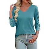 YOSUWOAI Tshirt Damen Sommer 3/4 Ärmel Shirt Elegant Einfarbig Longshirt V Ausschnitt Bluse Lässige Baumwolle Tunika Tops Frauen Locker Sportshirt Oberteile Oversize Longshirt