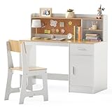 LIFEZEAL Kinderschreibtisch mit Stuhl Set, Multifunktionaler Kinderlerntisch mit Regal & Schublade & Pinnwand, Schreibtisch Kinder mit ergonomischer Hocker für Schüler (Natur)