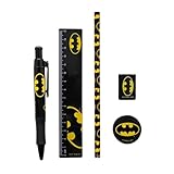 Batman 6-teiliges Schreibwaren-Set (Fledermaus-Symbol-Design) mit Kugelschreiber, Bleistift, Lineal, Bleistiftspitzer und Radiergummi - Offizielles Lizenzprodukt