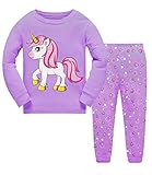 Little Hand Schlafanzug Mädchen Einhorn Kinder Zweiteiliger Baumwolle Lange àrmel Nachtwäsche T-Shirt und Hose, Einhorn-1, 104 (HerstellerGröße: 110)