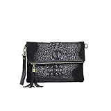 OBC Made in Italy Damen echt Leder Clutch Tasche Kroko Wildleder Handtasche Umhängetasche Ledertasche Schultertasche Fransen Cross-Over Schwarz