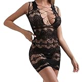 PANVER Spitzen Bodystockings Ausgehöhlt Perspektive Fischnetz Bodysuits Sex Mode Erotik Reizwäsche Damen K-Black Einheitsgröße