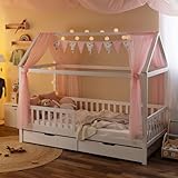 Alcube Hausbett Deko Set mit Baldachin, Wimpel und Lichterkette für Hausbetten bis zu 2m Länge in Rosa für Jungen I Mädchen Deko für Kinderzimmer I Babyzimmer, Betthimmel lädt Kind zum Träumen EIN