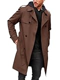 Pretifeel Herren-Trenchcoat, schmale Passform, zweireihig, lang, gekerbter Revers-Gürtel, winddichter Herbstmantel, Braun, L