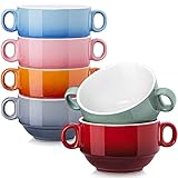 LOVECASA 420ml Suppentassen mit Henkel, 6-teilige Suppenschüsseln aus Steinzeug, Suppenschalen, Bouillontassen, Müslischüsseln, Bunt