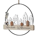 QILICZ Trockenblumenkranz - Türkranz Herzlich Willkommen Türkranz Trockenblumen Fensterdeko Hängedeko personalisiert Dekokranz mit Willkommensschild Trockenblumen und Haus ø28cm Wandschmuck