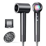 Ionen Föhn mit Diffusor - Haartrockner Schnelles Trocknend 150.000 U/min, Fön mit 500 Mio. Negative Ionen, 8 Temperatur-Stufen mit LED, für Locken/Dicke Haare, Reisen, Zuhause, Salon, Schwarz