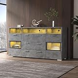 Merax Sideboard mit LED-Beleuchtung, Modernes Kommode mit 2 Türen, 3 Schubladen, offener Stauraum, Mehrzweckschrank mit transparenten Acryltüren, Standschrank Flurschrank für Wohnzimmer, 140cm, Grau