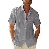 Guayabera-Hemd für Herren, kurzärmelig, Baumwolle, Leinen, kubanisches Hemd, normale Passform, breiter Kragen, Knopfleiste, Sommer, Strand, grau, L